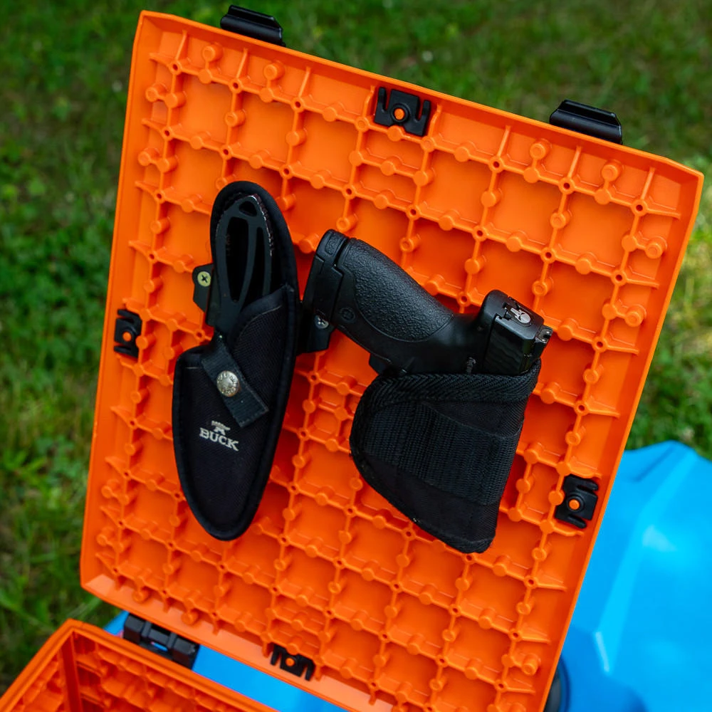 Top angled view of the GridLoc Belt Loop Adapter on BlackPak Pro lid side by side