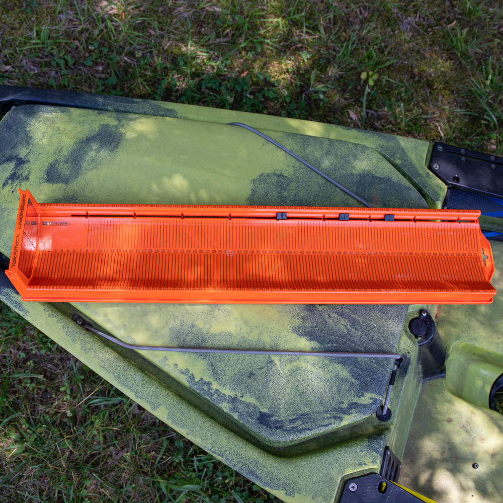Metric LeaderBoard - 71 cm Measuring Board with Built-In Identifier Holders and Cull Tabs, Orange (on kayak)