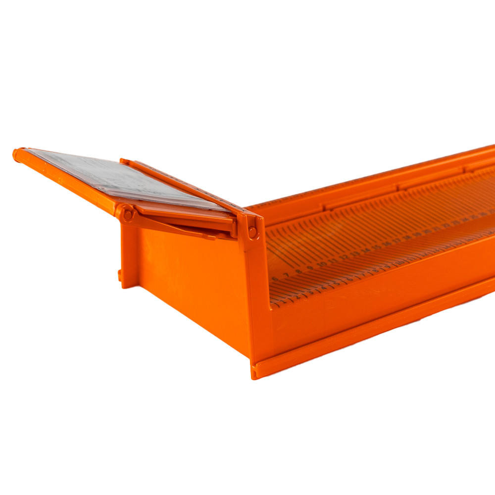 Close up of the Metric LeaderBoard - 71 cm Measuring Board with Built-In Identifier Holders and Cull Tabs, Orange