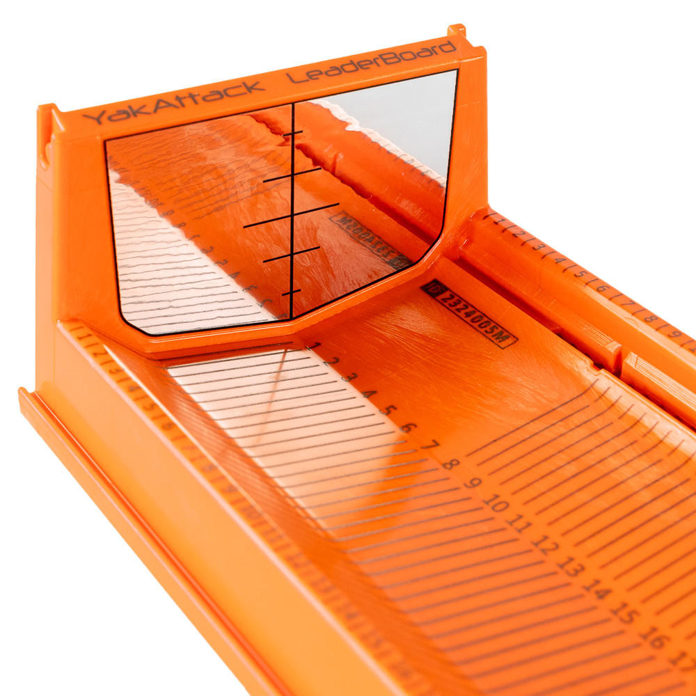 Close up angle of the Metric LeaderBoard - 71 cm Measuring Board with Built-In Identifier Holders and Cull Tabs, Orange