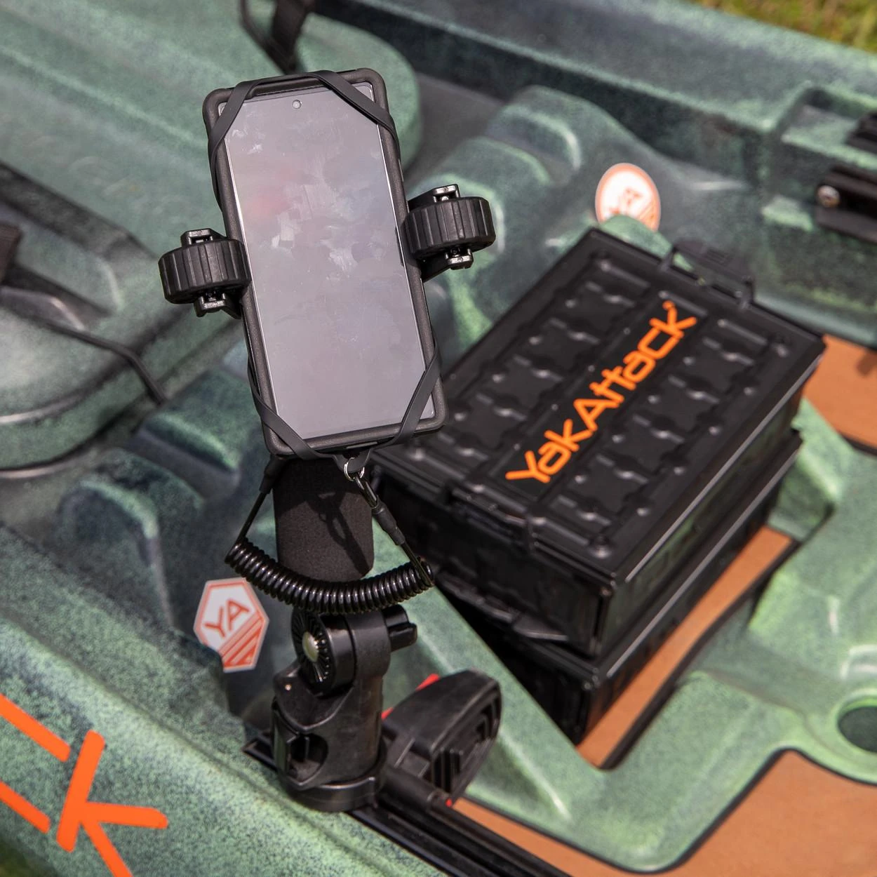 Front close (2) view of the RotoGrip Phone Holder Pro with LockNLoad Mounting System holding phone