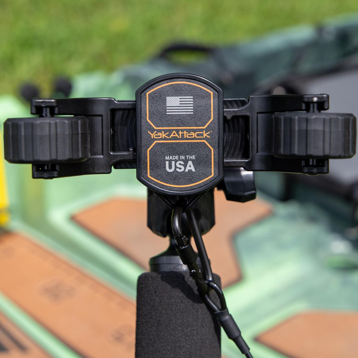 Close up of RotoGrip Phone Holder, Phone Holder and Tether Only on a kayak fully extended