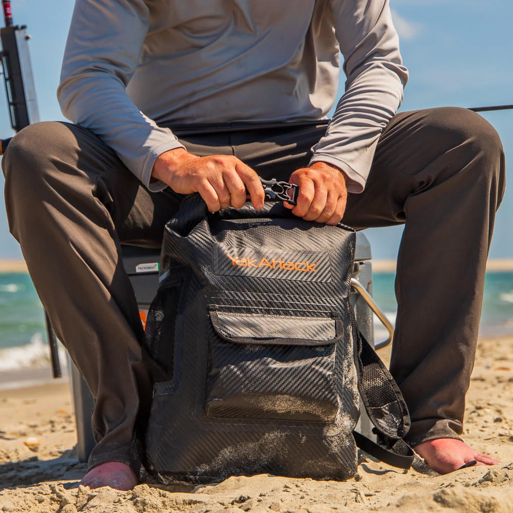 20L Roll-Top Drybag Backpack - Black being clipped