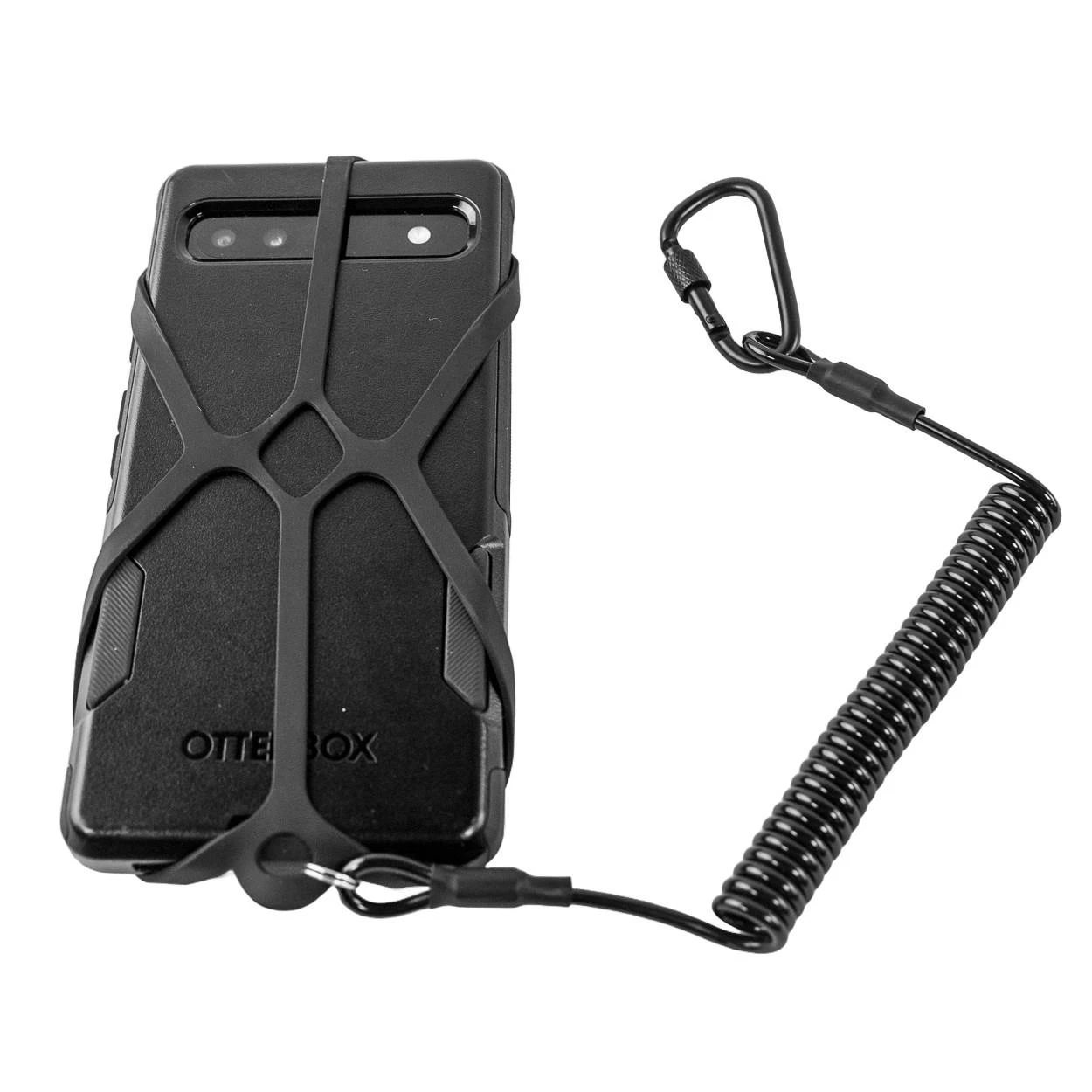 back view of Universal Smartphone Harness with Tether, Black holding phone