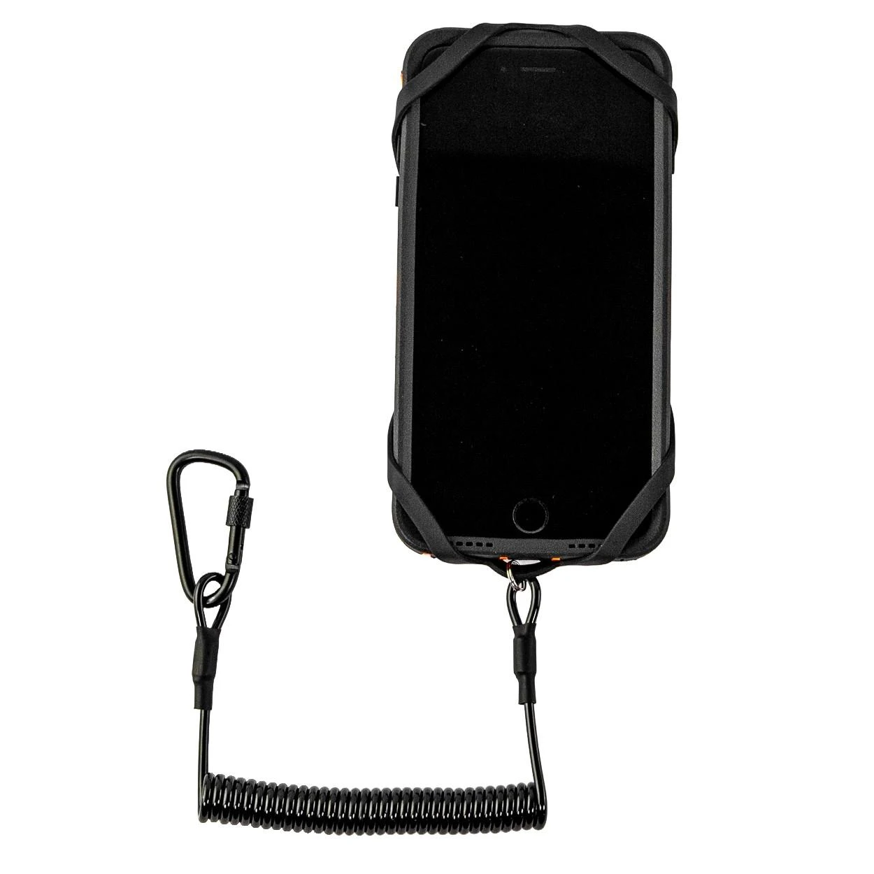 front view of Universal Smartphone Harness with Tether, Black holding a phone
