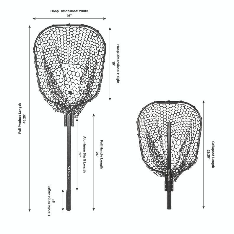 16” x 19” Landing Net with 24” Long Telescoping Handle and Rubber Netting, Black (full length vs. collapsed)