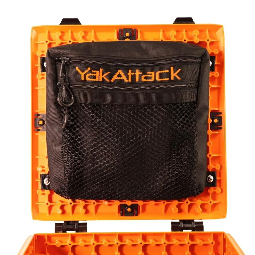 Front view of the 13" Dual Compartment Mesh Storage Bag for the BlackPak Pro on Orange BlackPak Pro