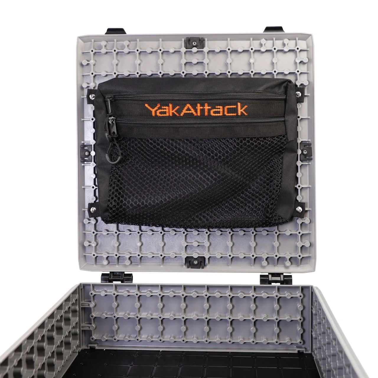 Front mounted view of the 16" Dual Compartment Mesh Storage Bag for the BlackPak Pro on the lid