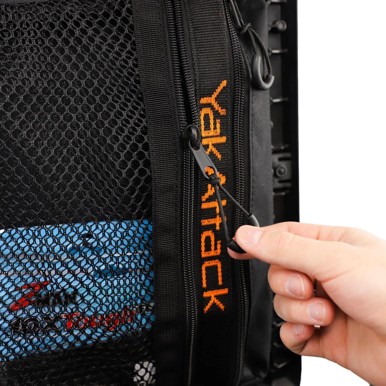 Close view of the 16" Dual Compartment Mesh Storage Bag for the BlackPak Pro in use