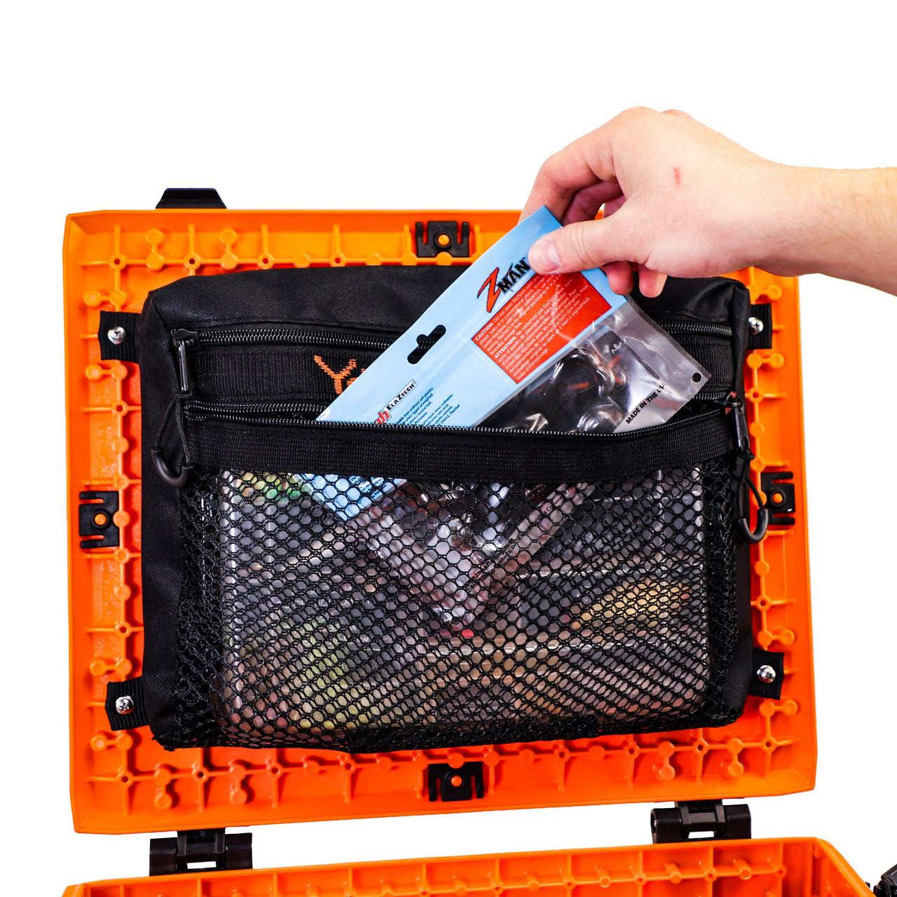 Front mounted view of the 16" Dual Compartment Mesh Storage Bag for the BlackPak Pro in use on Orange BlackPak Pro