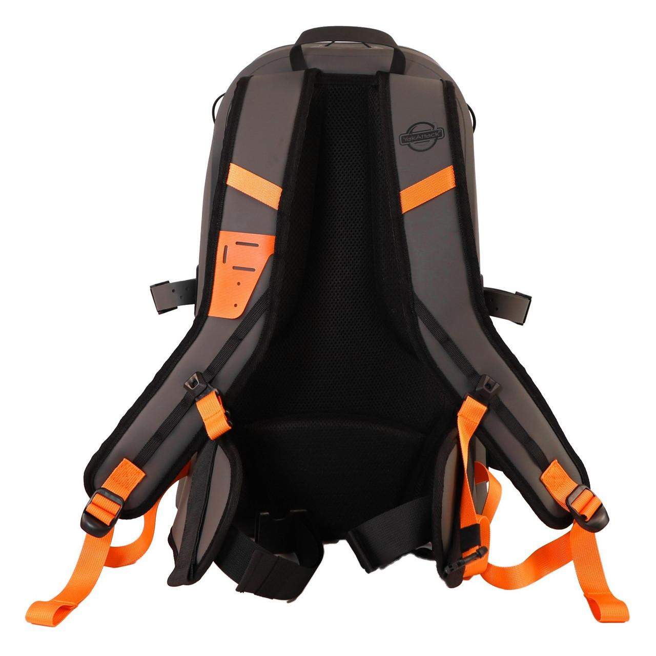 Back view of the 28L BackWater DryPak, Waterproof Backpack, Grey/Orange, Includes TetherTubes