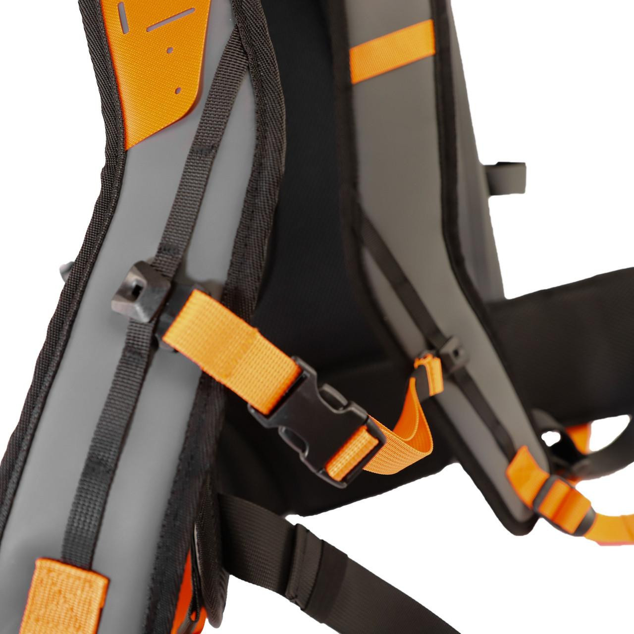 Close up from the back of the 28L BackWater DryPak, Waterproof Backpack, Grey/Orange, Includes TetherTubes, straps and buckle shown