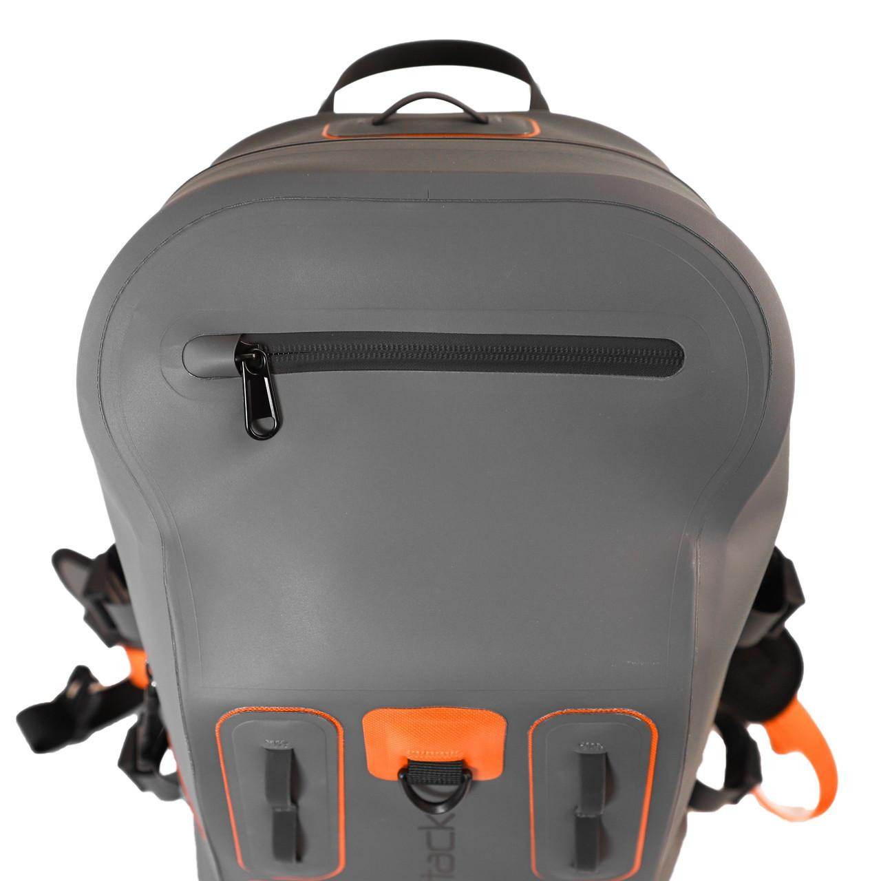 Close up from the front of the 28L BackWater DryPak, Waterproof Backpack, Grey/Orange, Includes TetherTubes, zipped