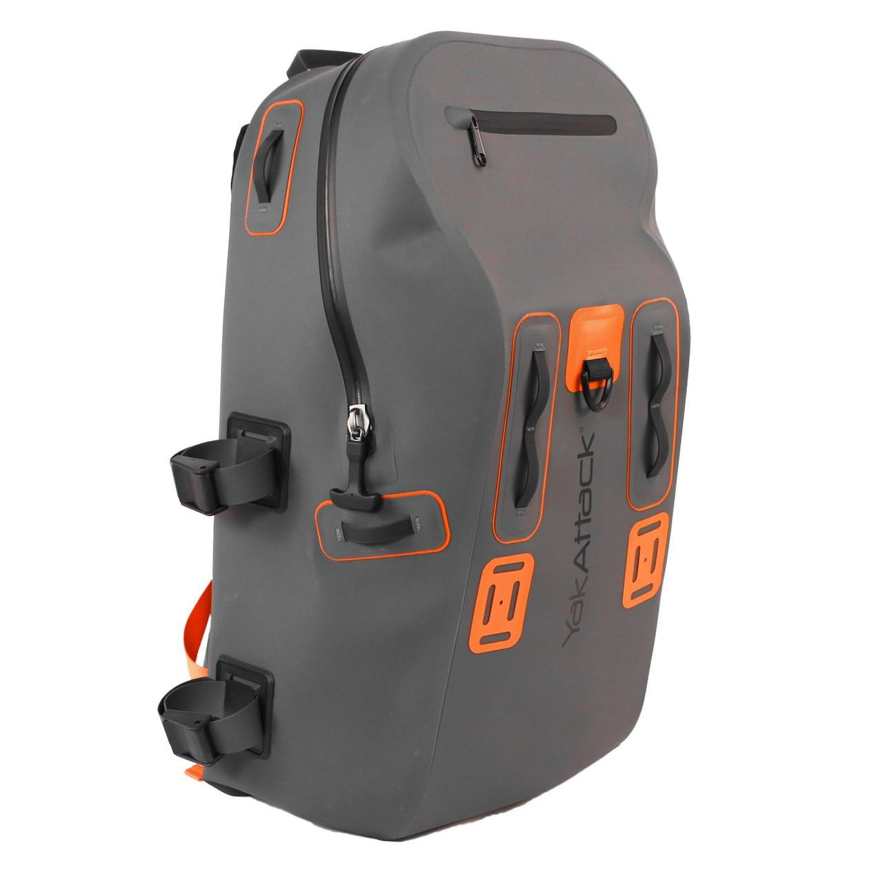 Front angled view of the 28L BackWater DryPak, Waterproof Backpack, Grey/Orange, Includes TetherTubes
