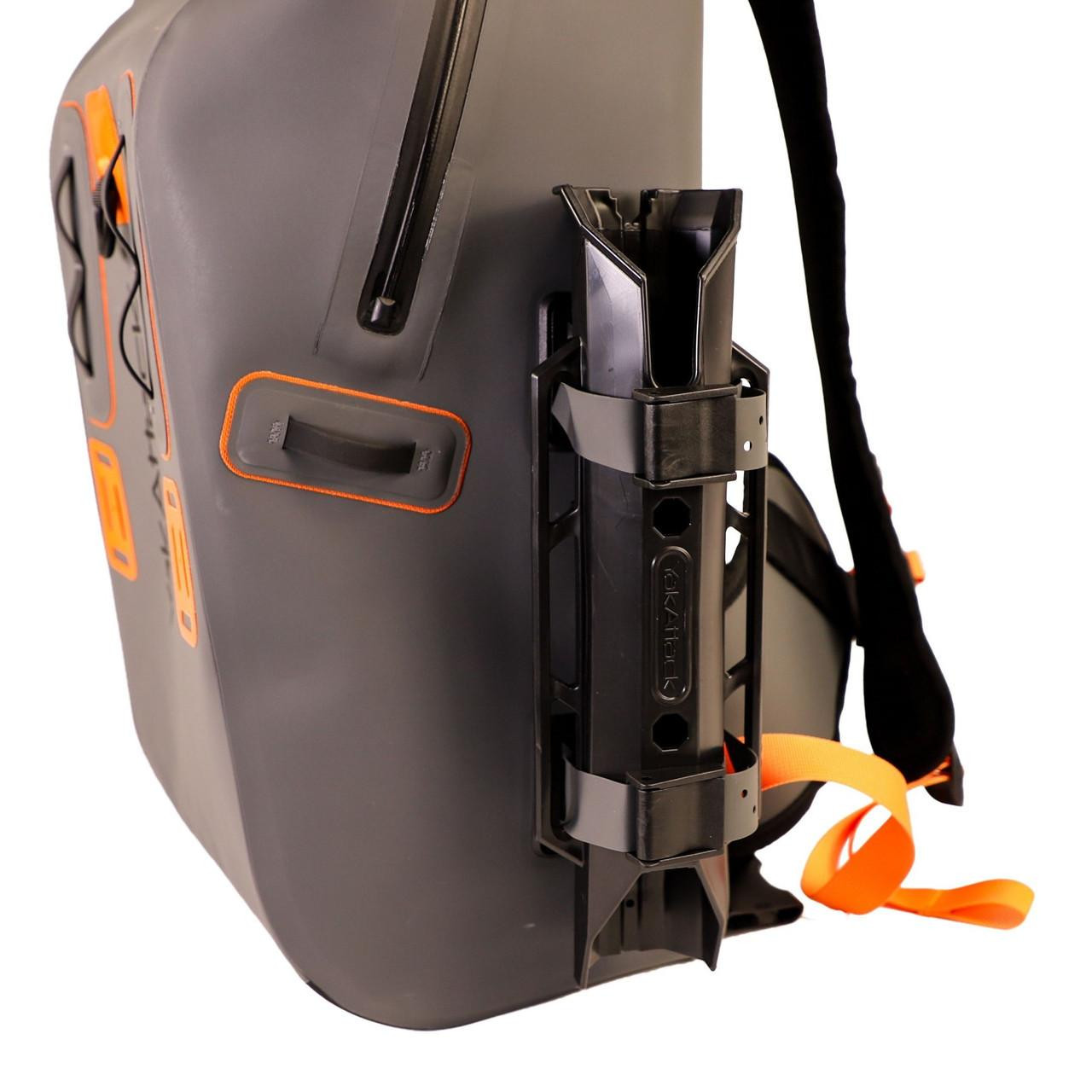 Side view of the 28L BackWater DryPak, Waterproof Backpack, Grey/Orange, Includes TetherTubes
