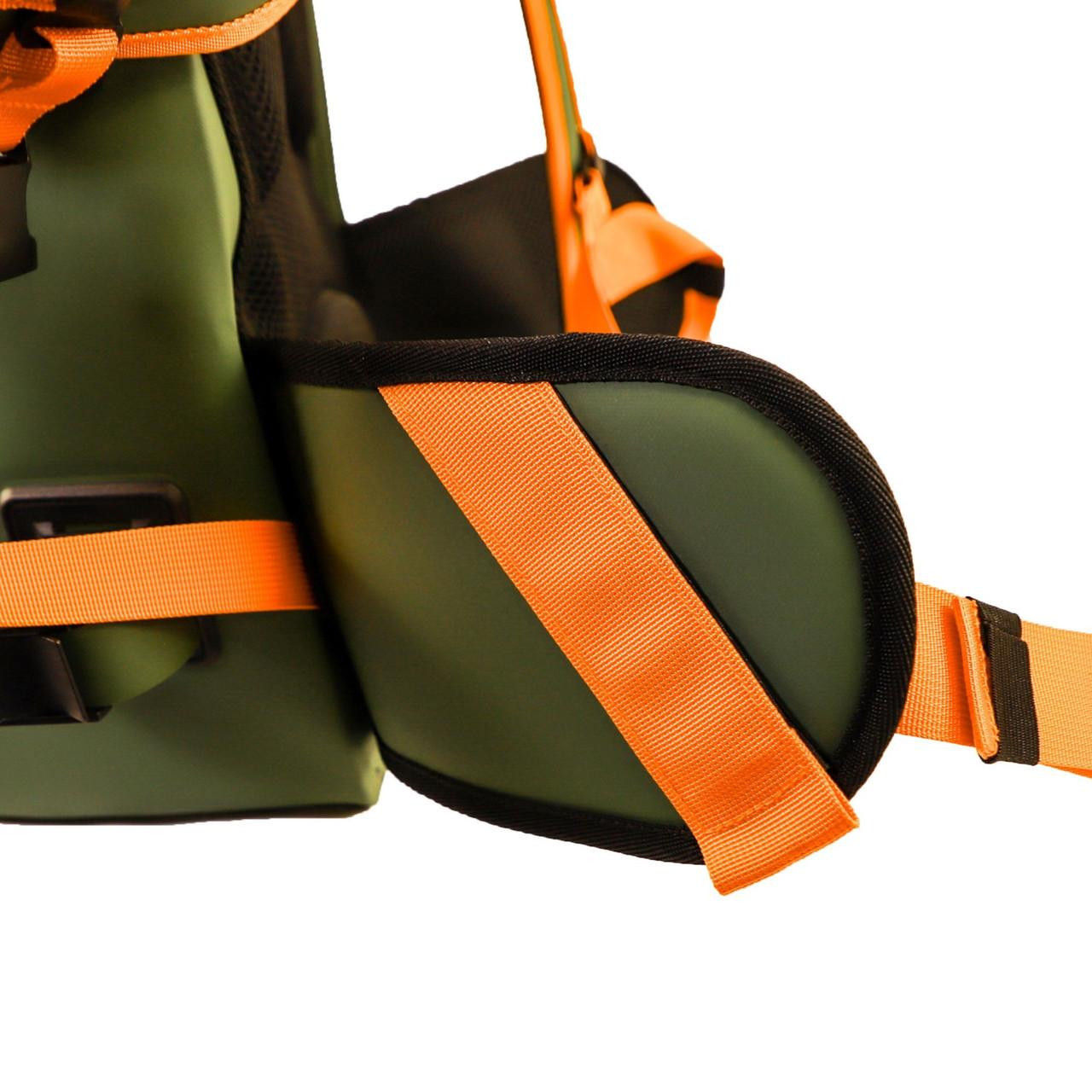 Close up view of the straps on the 28L BackWater DryPak, Waterproof Backpack, Green/Orange, Includes TetherTubes
