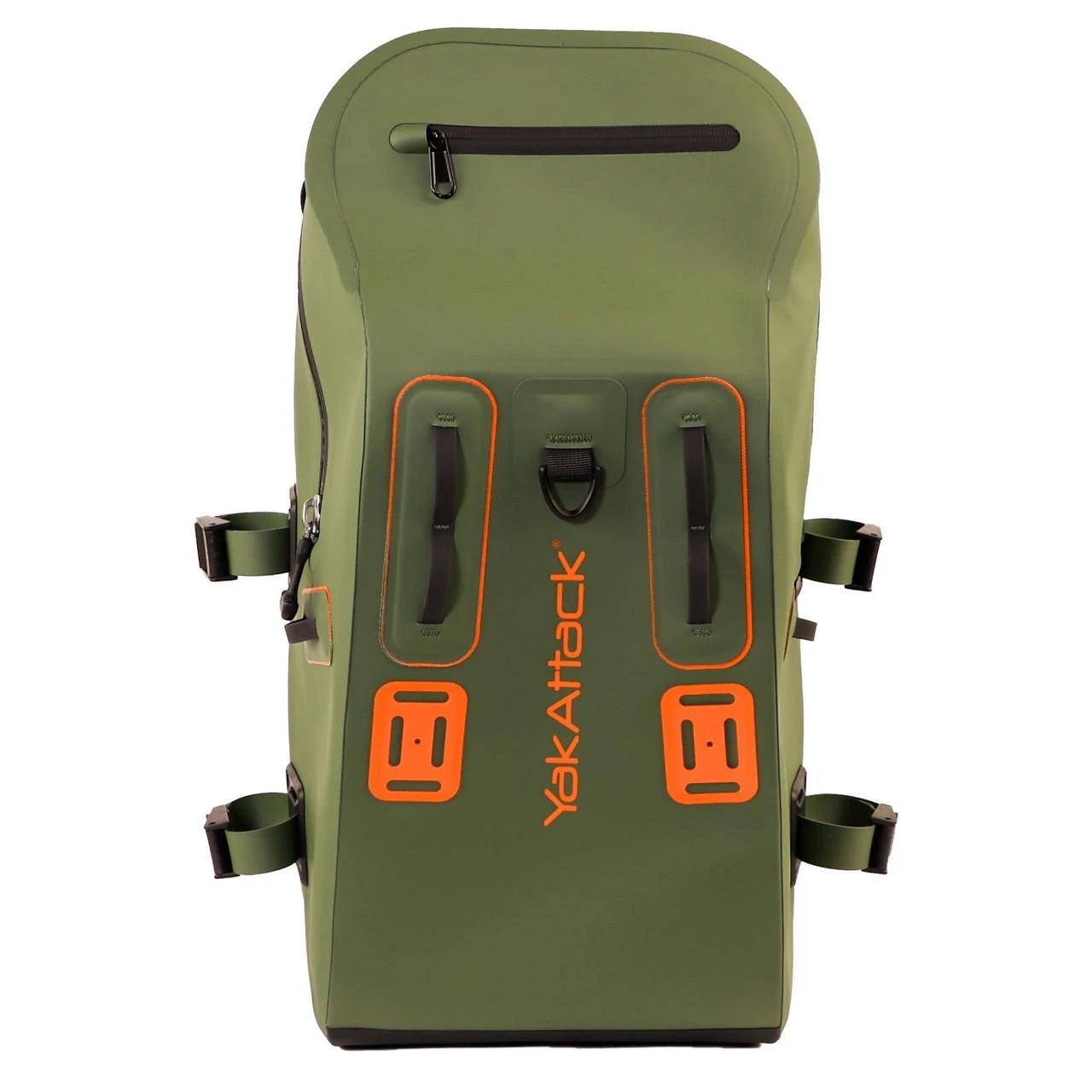 Front view of the 28L BackWater DryPak, Waterproof Backpack, Green/Orange, Includes TetherTubes