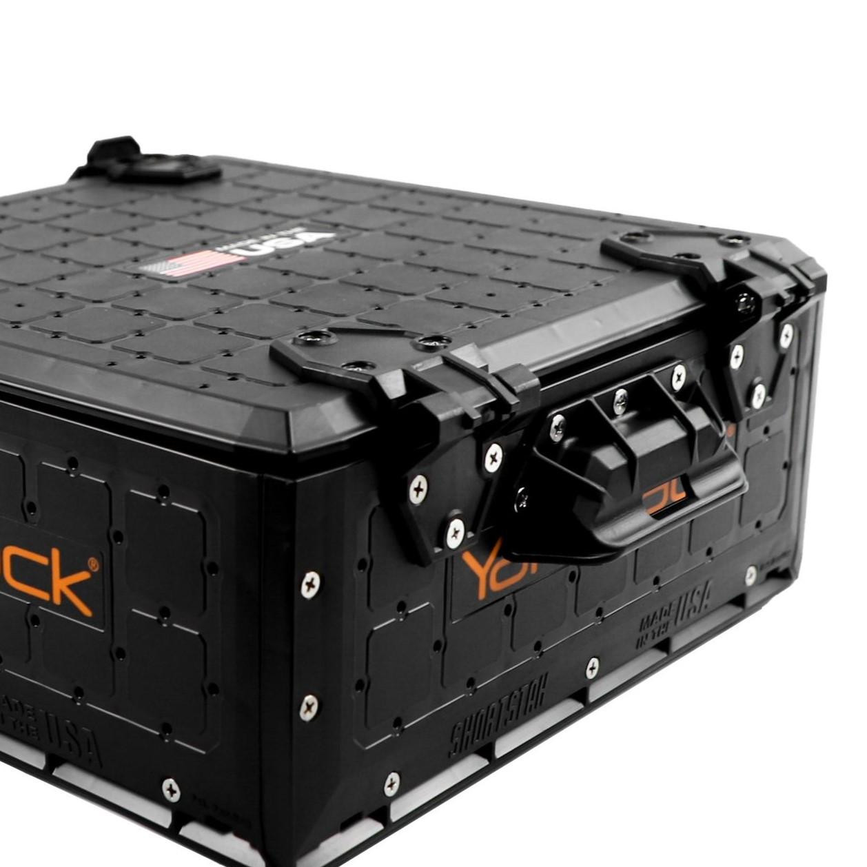 Close up view from the back of the ShortStak SOLO Storage Box 13" x 13", Black