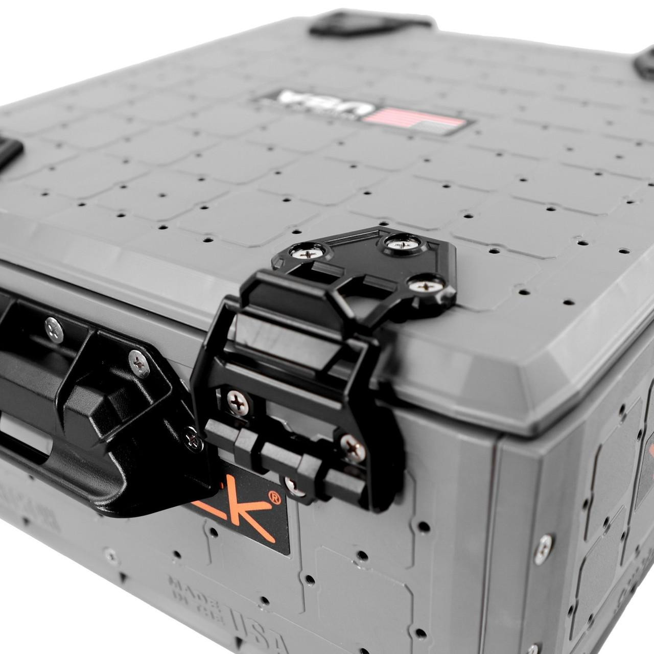 Close up view from the front of the ShortStak SOLO Storage Box 13" x 13", Battleship Grey