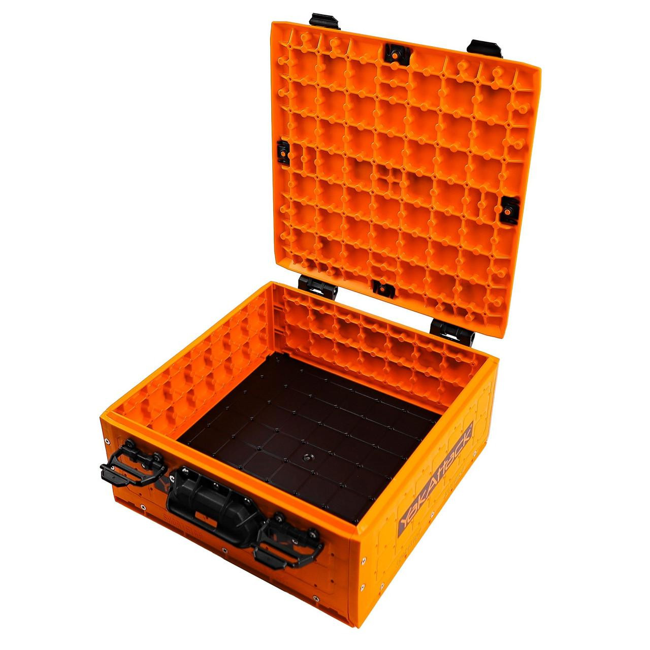 Top right view of the ShortStak SOLO Storage Box 13" x 13", Orange with lid opened