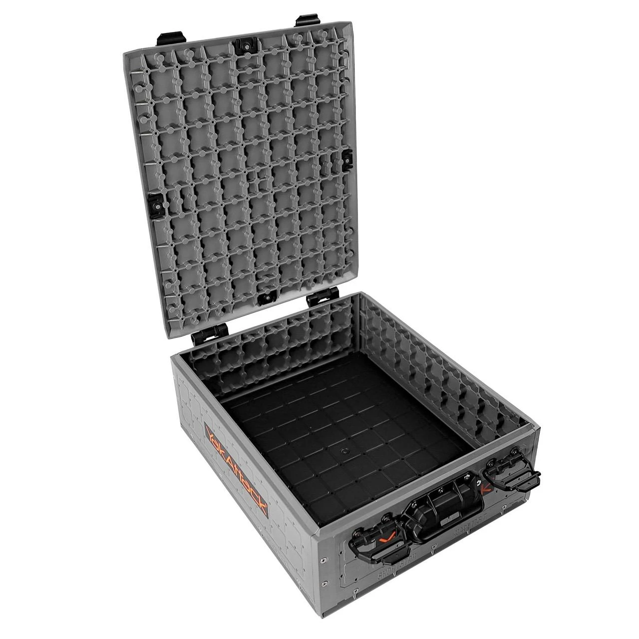 Top right view of the ShortStak SOLO Storage Box 13" x 16", Battleship Grey with lid opened