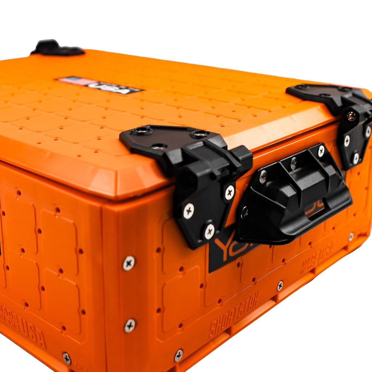 Close up view from the back of the ShortStak SOLO Storage Box 13" x 16", Orange