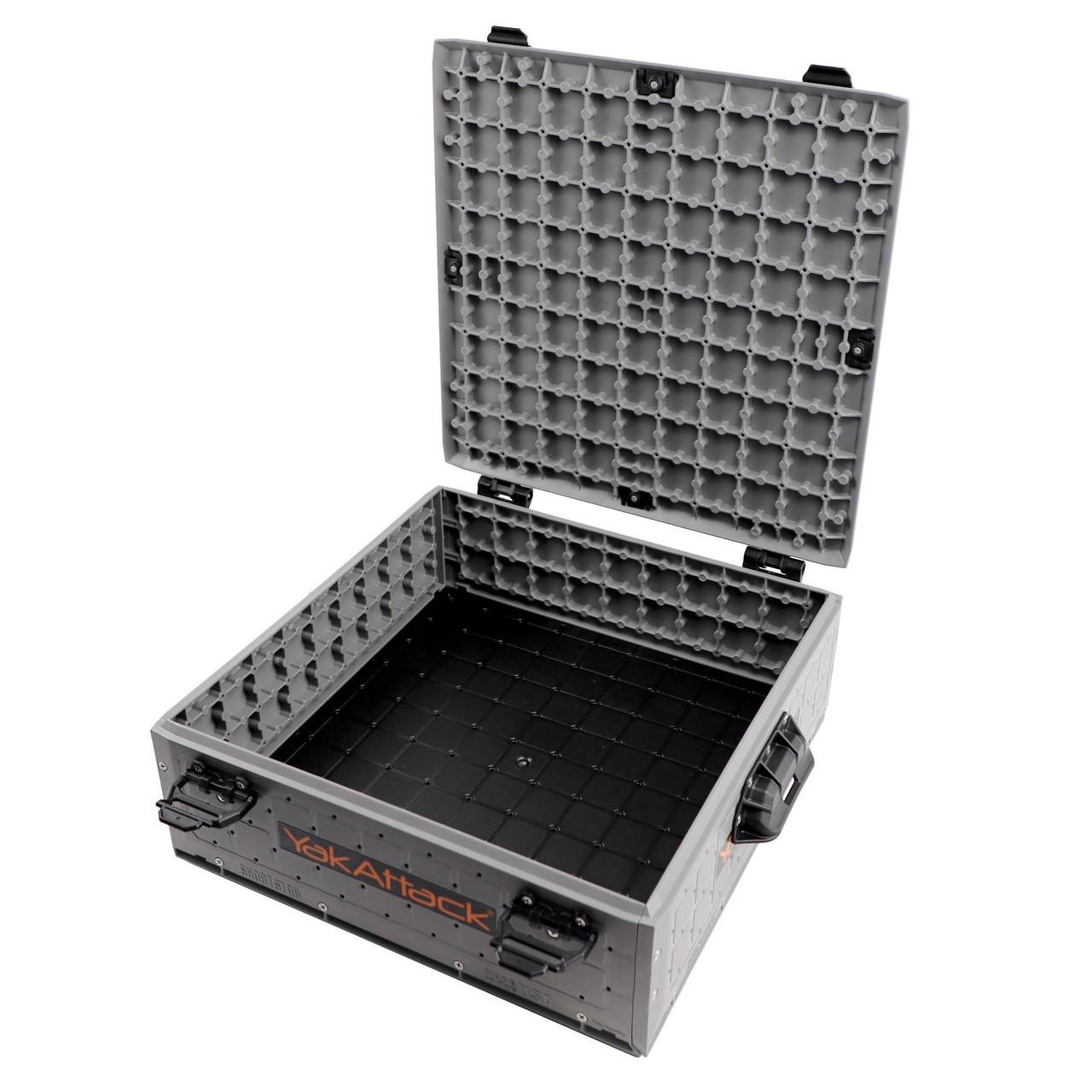 Top right view of the ShortStak SOLO Storage Box 16" x 16", Battleship Grey with lid opened