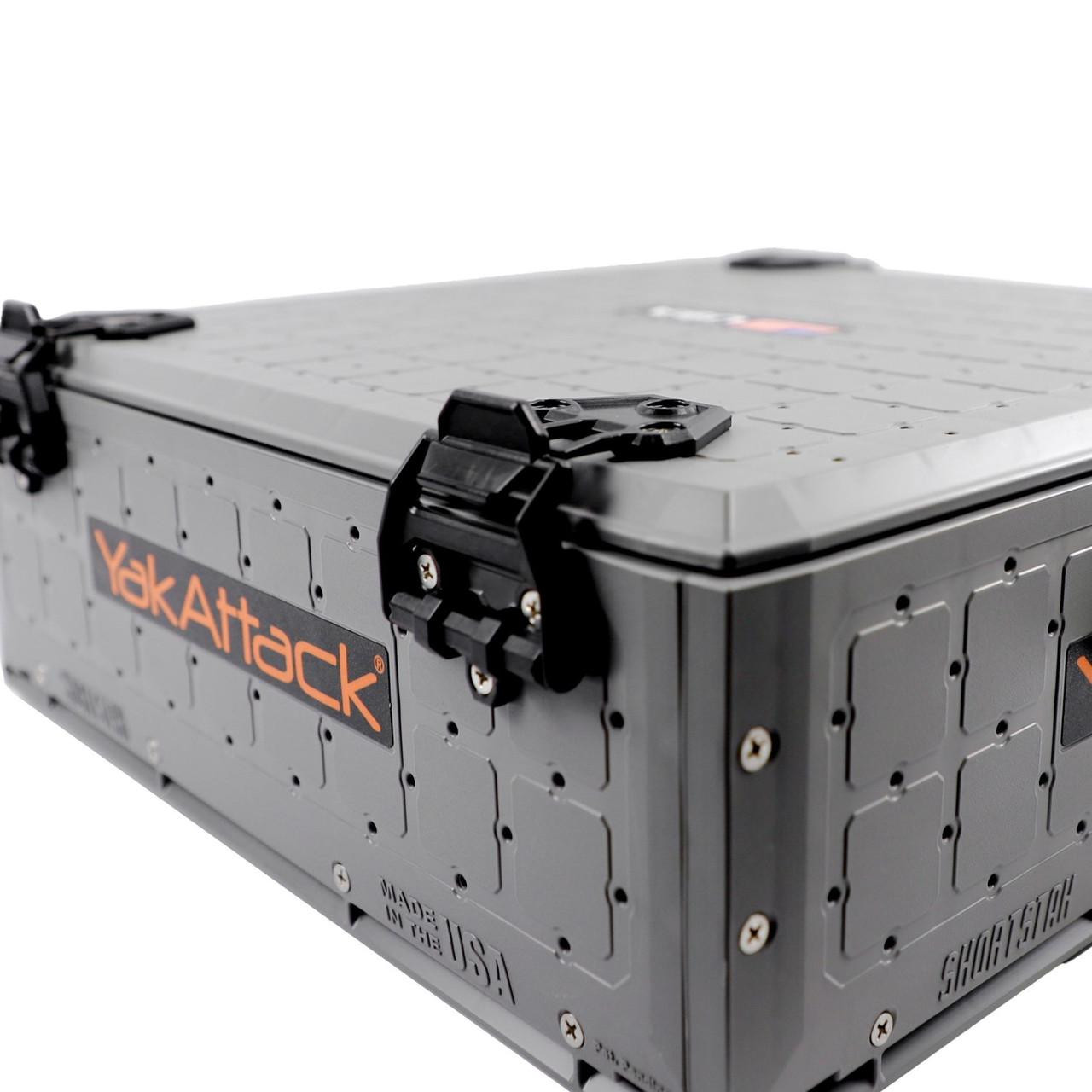 Close up view from the front of the ShortStak SOLO Storage Box 16" x 16", Battleship Grey