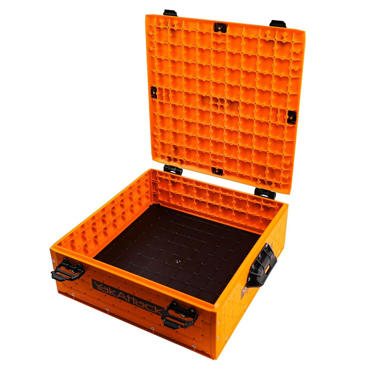 Top right view of the ShortStak SOLO Storage Box 16" x 16", Orange with lid opened