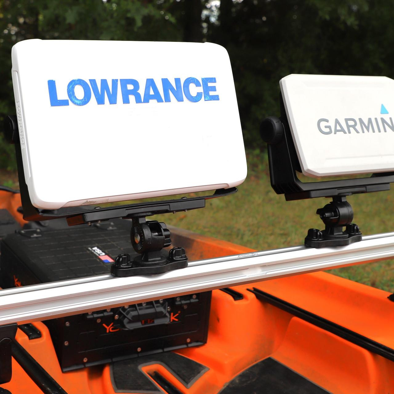 Two Zero Play LockNLoad™ Track Mount Adapters displaying two Fish Finder Mounts on the Command Center CrossBar