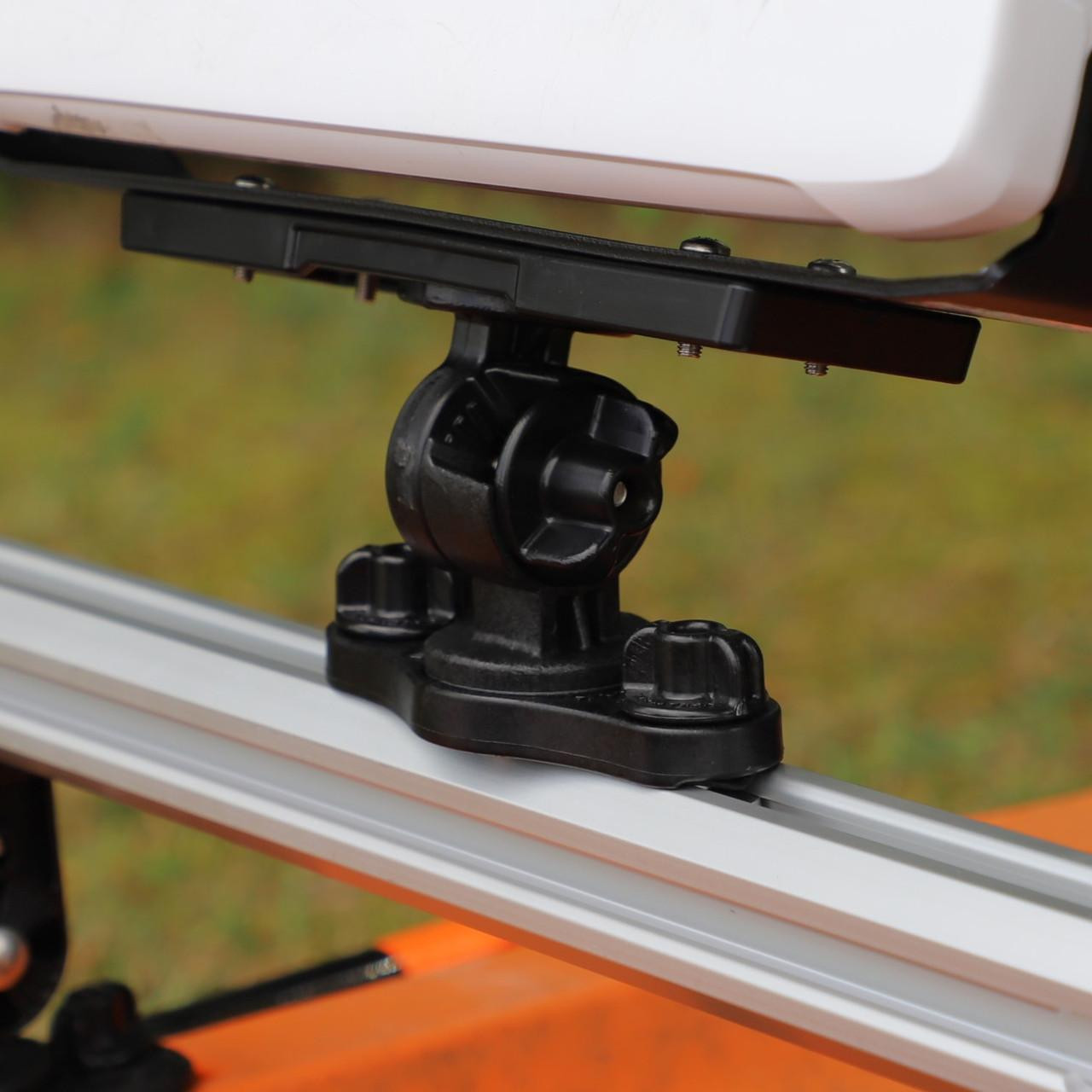 Back view of the Zero Play LockNLoad™ Track Mount Adapter displaying a Fish Finder Mount on the Command Center CrossBar