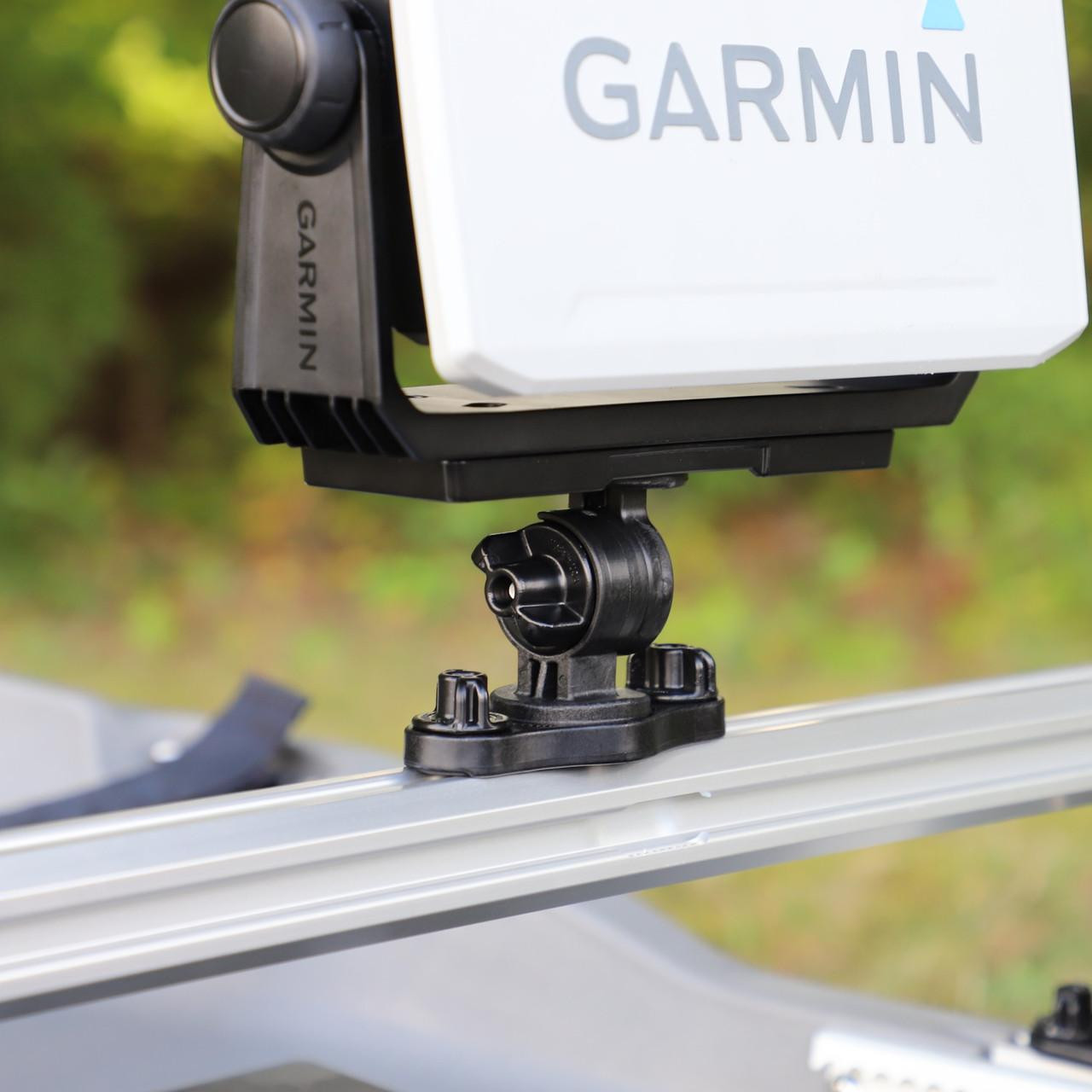 Zero Play LockNLoad™ Track Mount Adapter shown displaying a Fish Finder Mount on the Command Center CrossBar