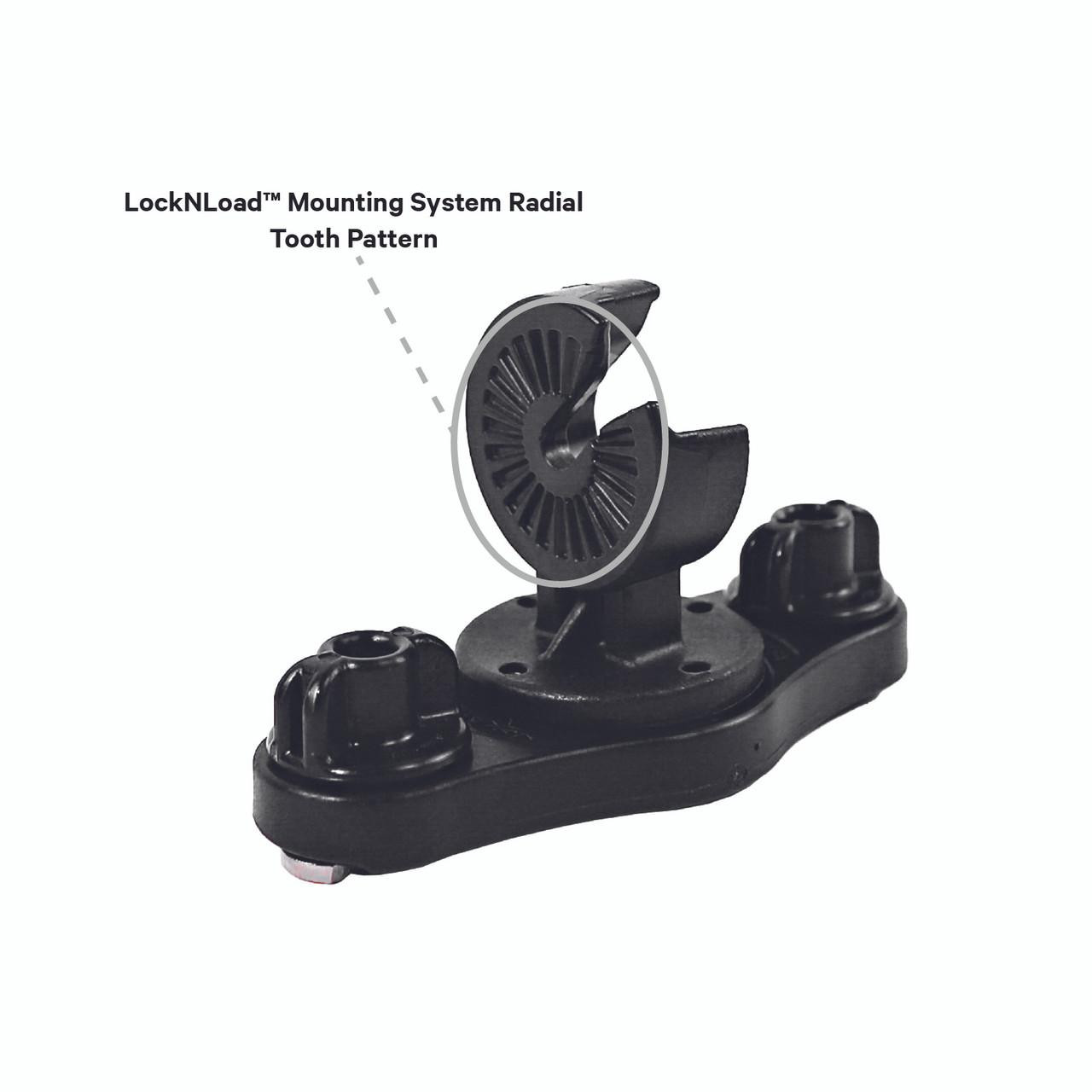 Front angled view of the Zero Play LockNLoad™ Track Mount Adapter showing the LockNLoad Mounting System Radial Tooth Pattern
