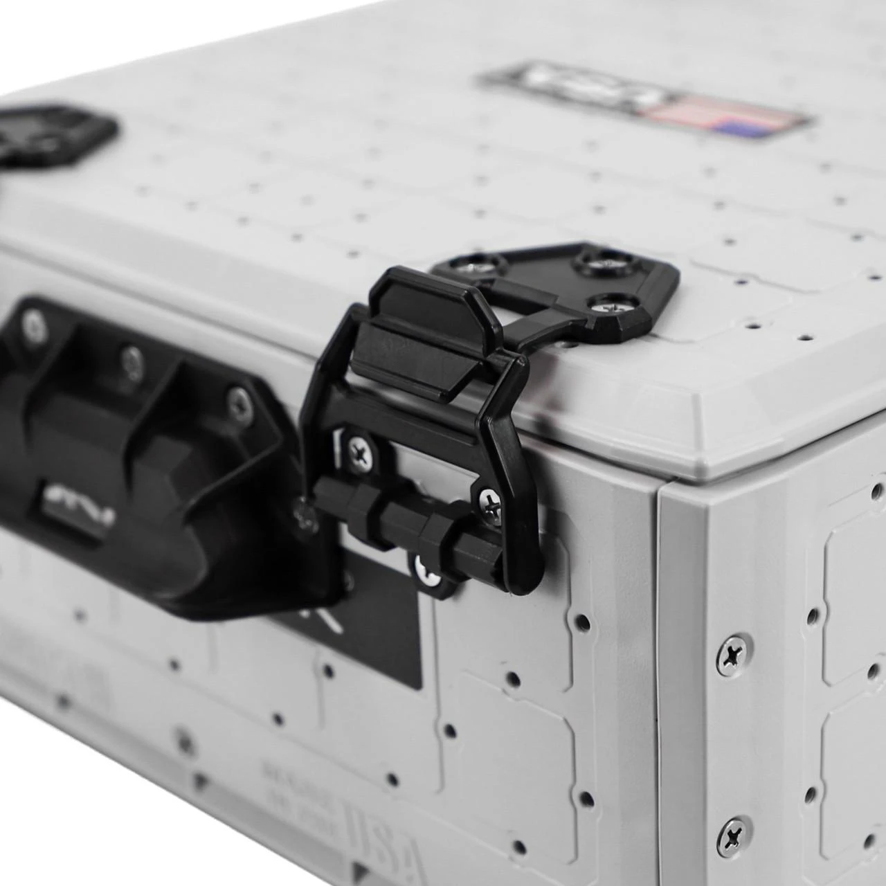 Close up view of the front of the ShortStak SOLO Storage Box 13" x 13", Overcast Grey