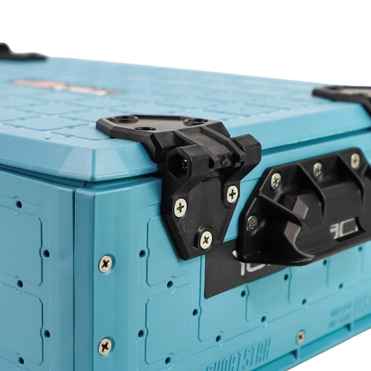 Close up view of the back of the ShortStak SOLO Storage Box 13" x 16", Jetty Blue
