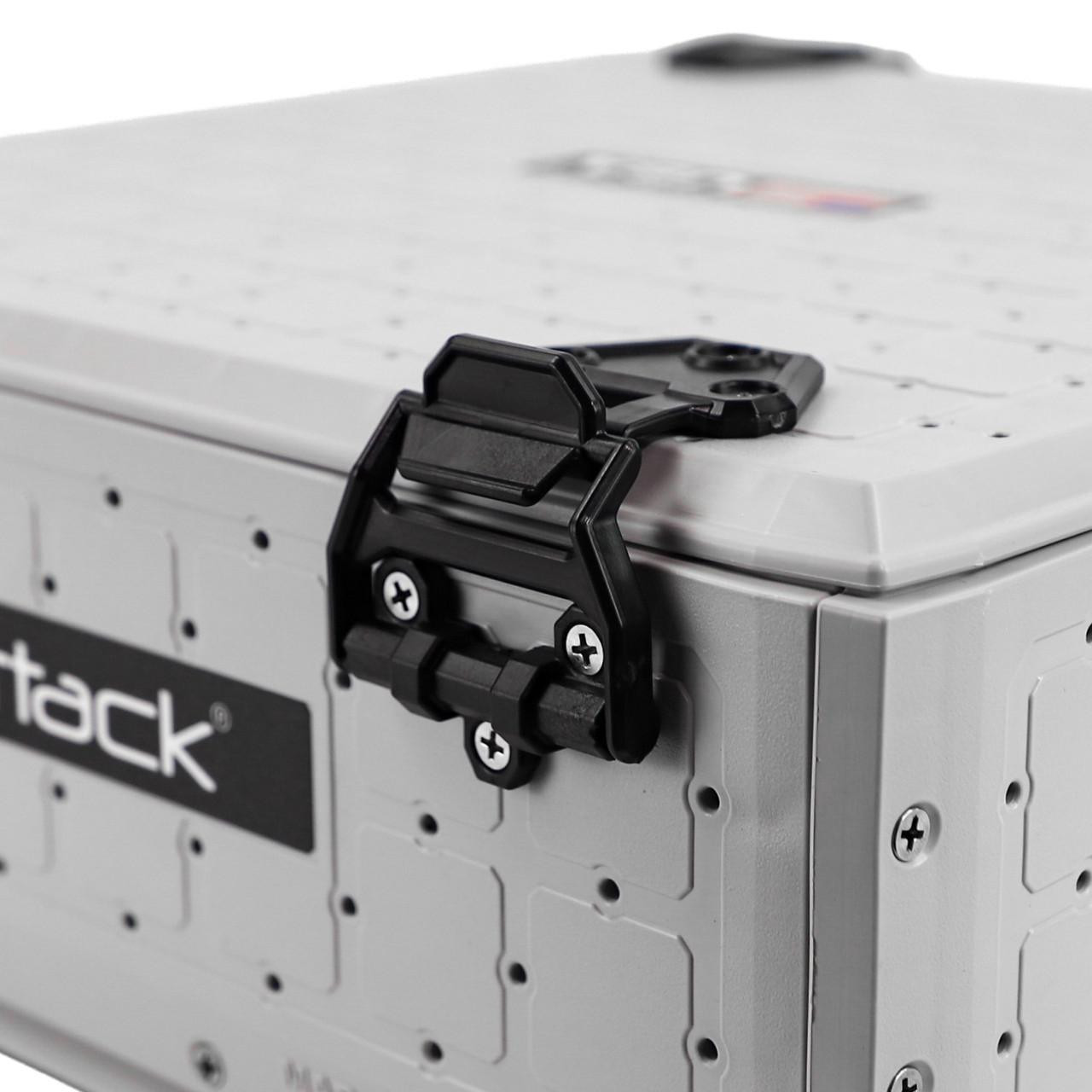 Close up view of the front of the ShortStak SOLO Storage Box 16" x 16", Overcast Grey