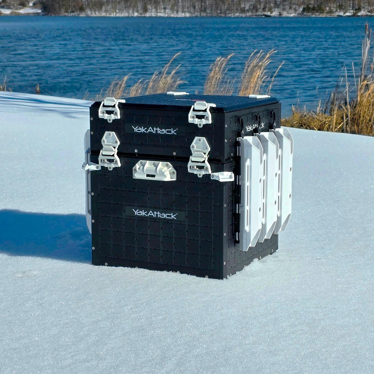Lifestyle view of the Hinge & Latch Kit for BlackPak Pro and ShortStak, White in the snow