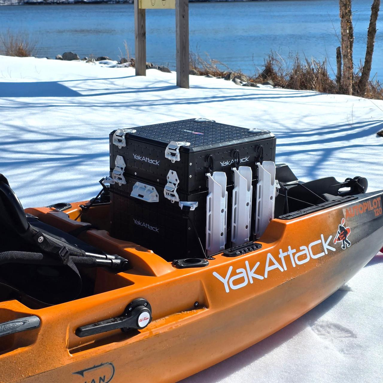 Lifestyle view of the Hinge & Latch Kit for BlackPak Pro and ShortStak, White shown on a kayak