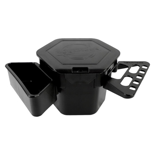 Front view of the Fully Loaded Cup Holder Pro with Splash Cap Lid, Tool Holder, and Bait Tray shown