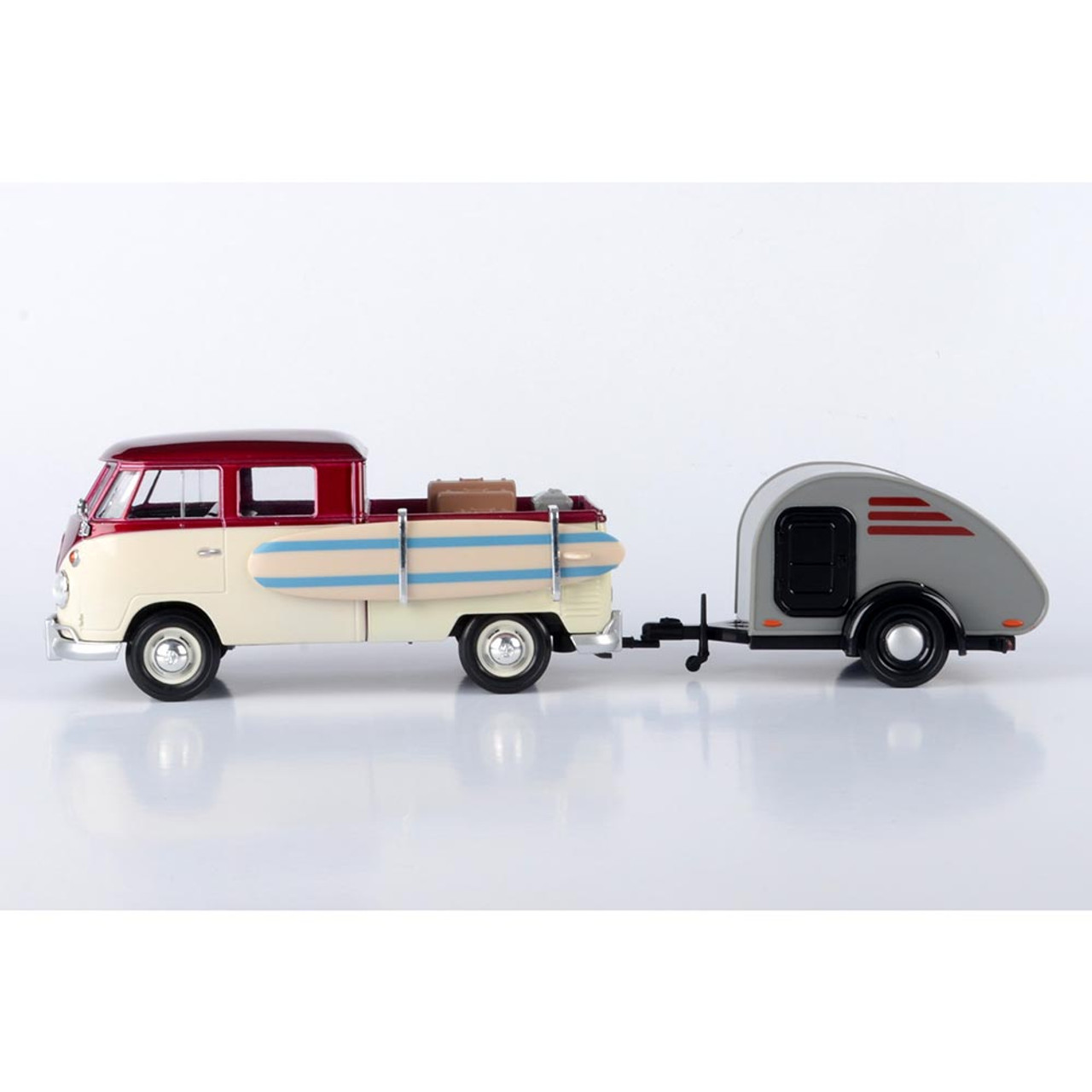 VW Type 2 T1 Pickup Surf Trailer Set & Teardrop Trailer 1:24 Scale Diecast  Model Truck by Motormax