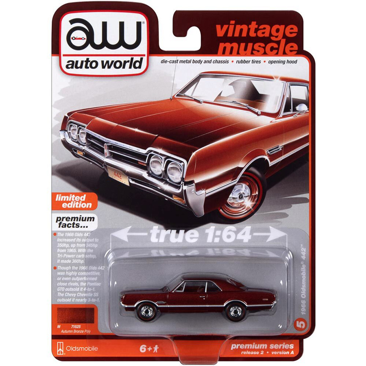 Auto World 1/64 Diecast Car - 1966 Oldsmobile 442 Autumn Bronze Metallic Red Interior