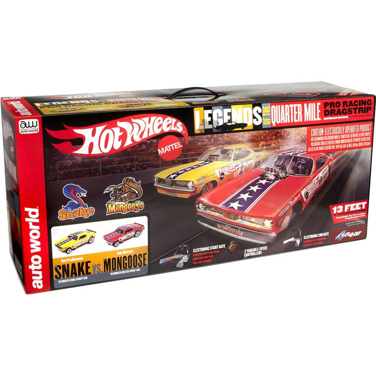 Hot Wheels 13' Snake vs Mongoose Drag Set Don Prudhomme Plymouth Funny Car  & Tom McEwen Plymouth Duster Funny Car 1:64 Scale Electric Race Set by Auto 