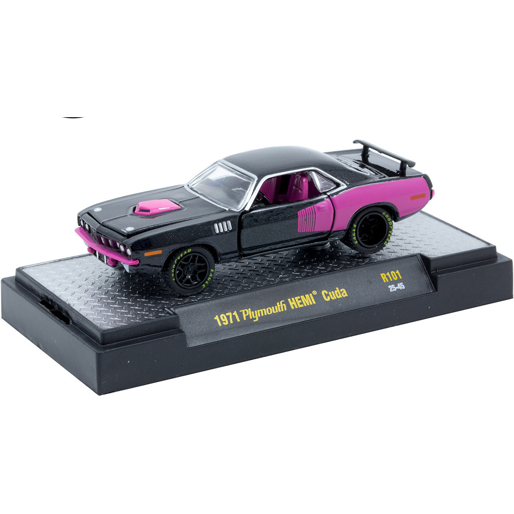 1971 Plymouth HEMI Cuda Black & Pink Diecast Model Car | M2 Machines