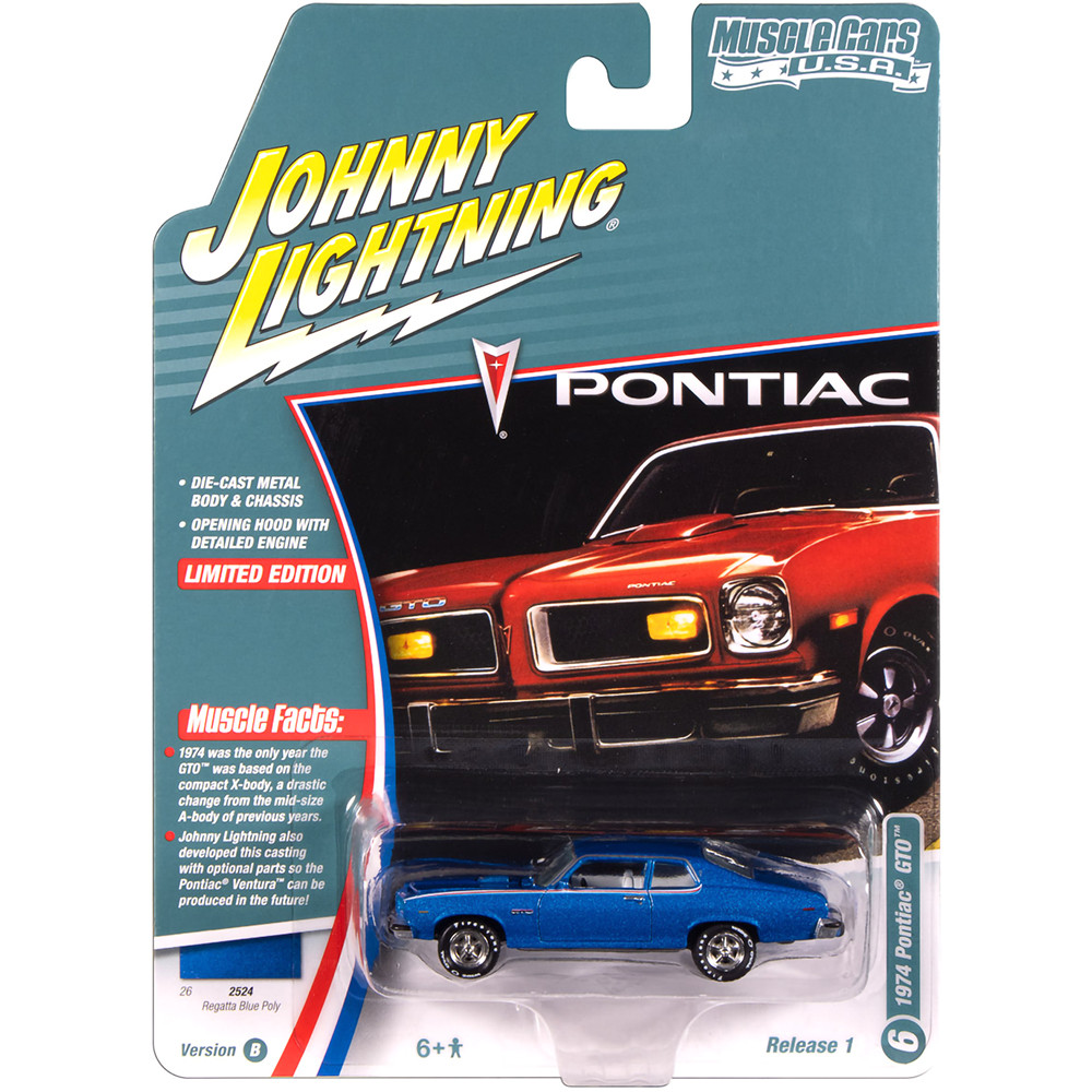 1974 Pontiac GTO Regatta Blue w/RWB Stripes | Johnny Lightning