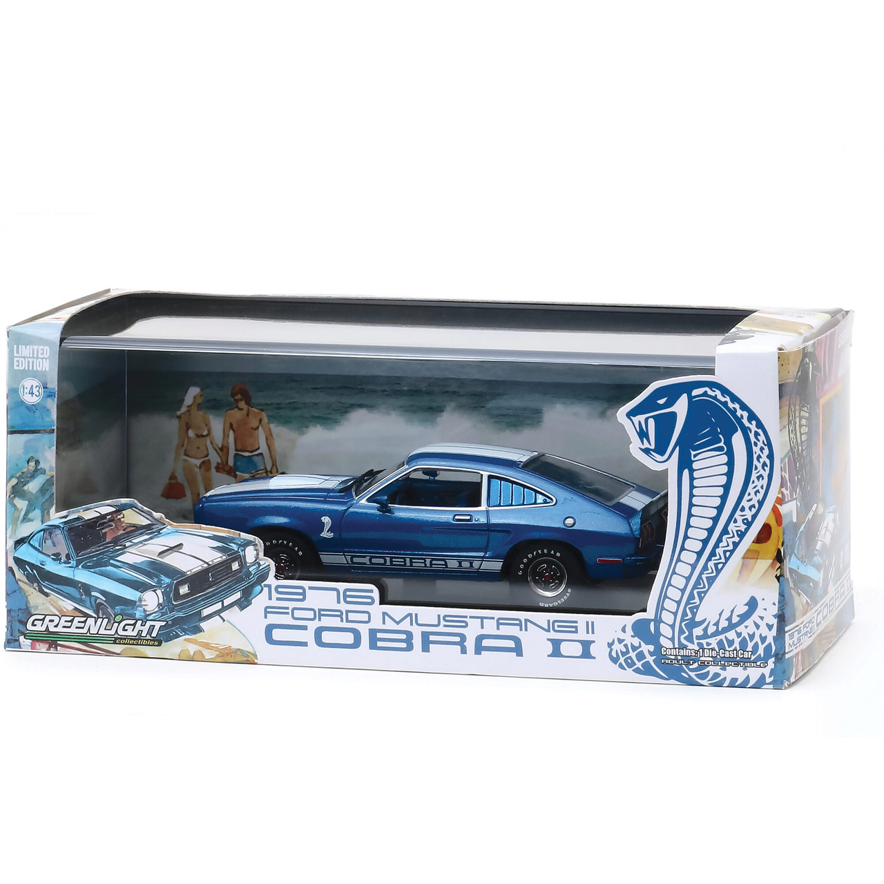 1976 Ford Mustang II Cobra II - Blue with White Stripes 1:43 Scale Diecast  Replica Model by Greenlight