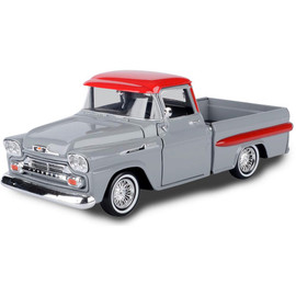 1958 Chevy Apache Fleetside Low Rider with Visor - Grey/Red 1:24 Scale Diecast Model by Motormax Main  