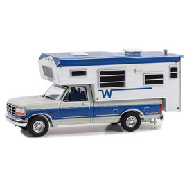 1992 Ford F-250 Long Bed with Winnebago Slide-In Camper - Medium Silver Metallic and Bright Regatta Blue 1:64 Scale Diecast Model by Greenlight Main  