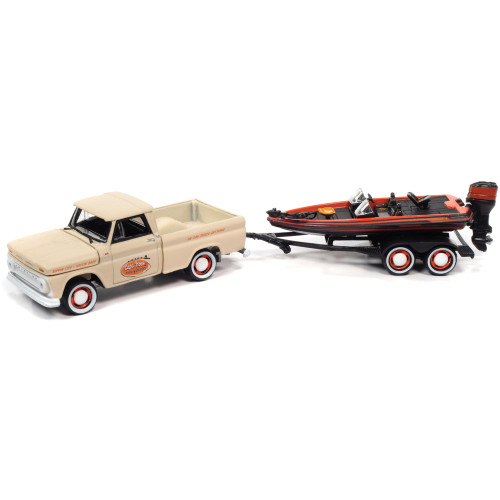 1965 Chevy Stepside Pickup w/Bass Boat and Trailer - Beige, Orange & Black Main Image