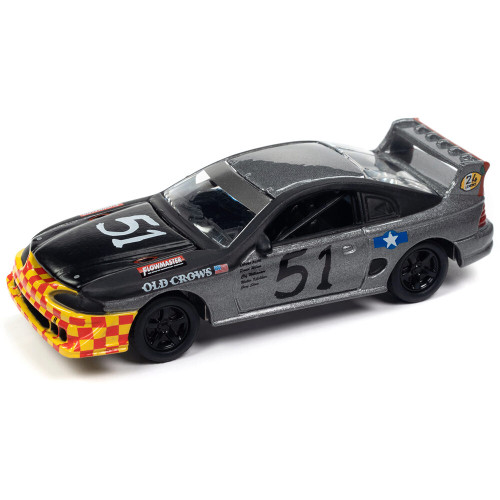 1990s Ford Mustang Race Car (24hrs of LeMons) - FLAT BLACK/DARK SILVER OLD CROWS GRAPHICS  1:64 Scale Diecast Model by Johnny Lightning Main Image