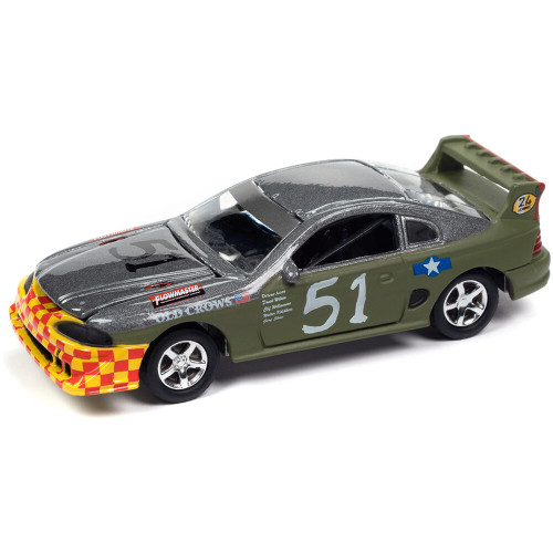 1990s Ford Mustang Race Car (24hrs of LeMons) - DARK SILVER/ARMY GREEN OLD CROWS GRAPHICS  1:64 Scale Diecast Model by Johnny Lightning Main Image